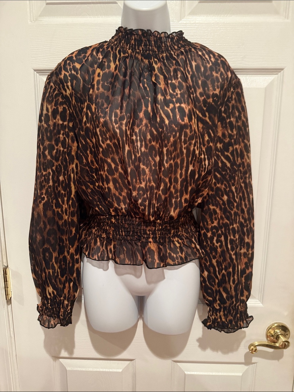 Live 4 Truth Smocked Leopard-Print Sheer Blouse - Brown/Black